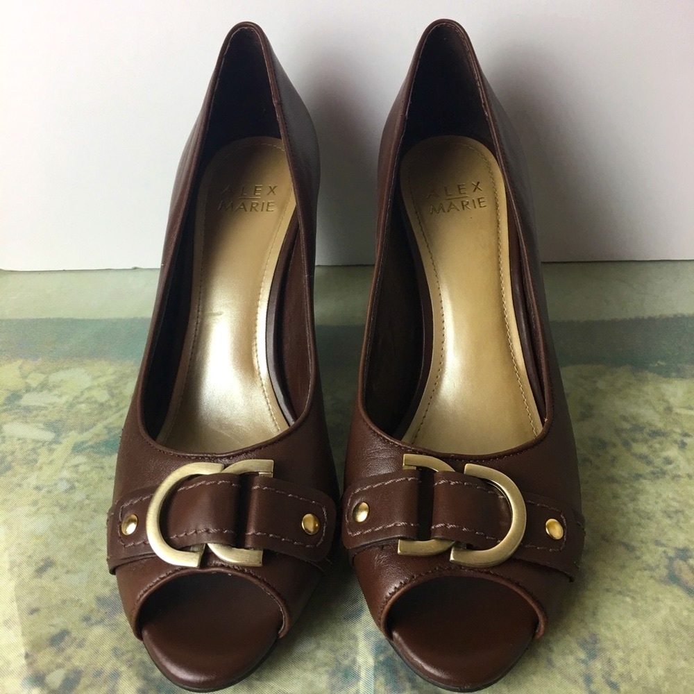 Alex Marie Women’s Leather Pumps Peep Toe Dark Brown Heels Size 7.5